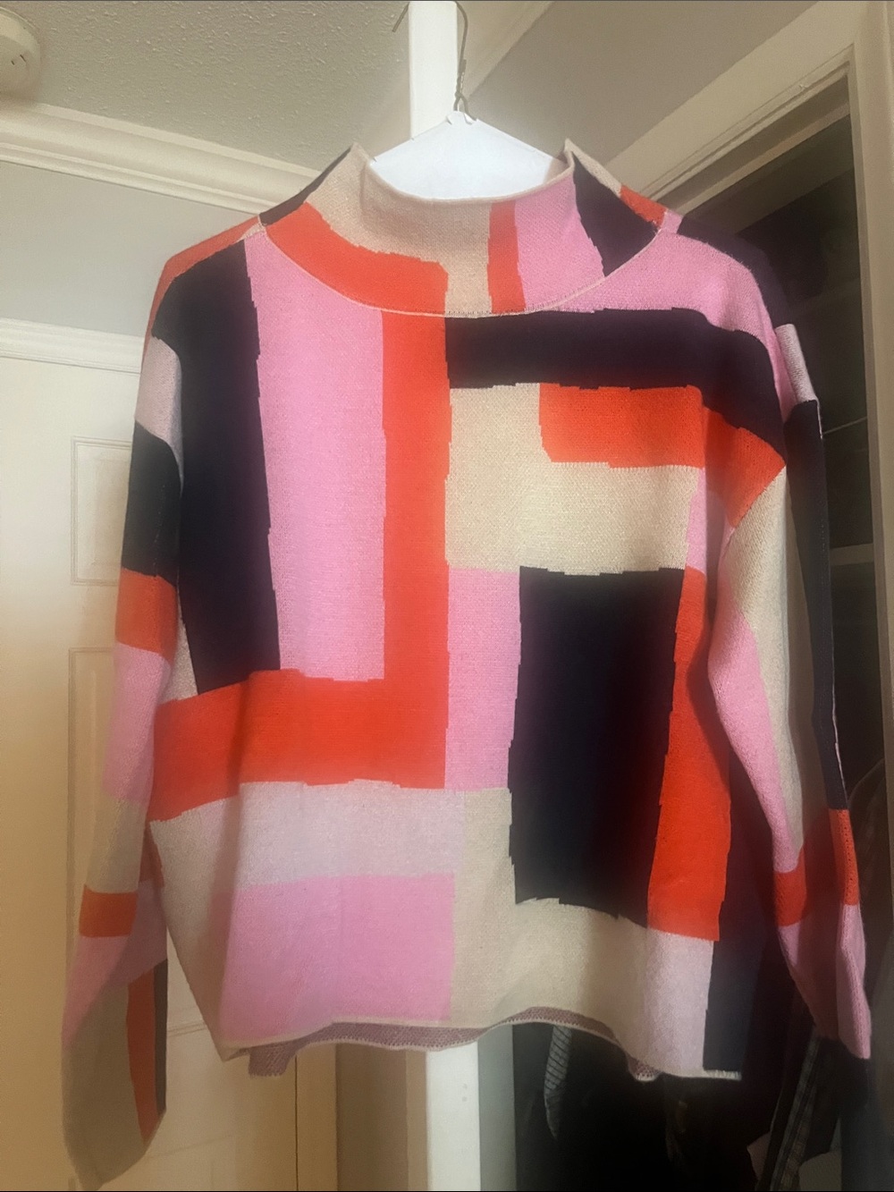 Anthropologie Geometric Colorblock Turtleneck Sweater in Pink, Red, Black, Cream